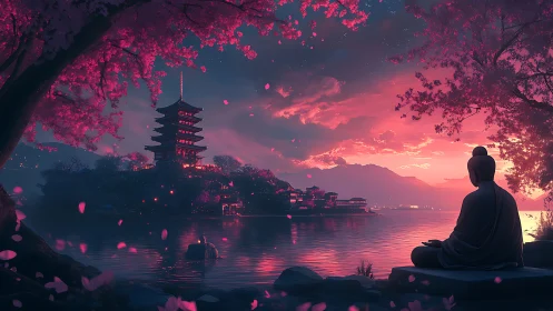Monk watches pagoda island under vivid pink sunset sky