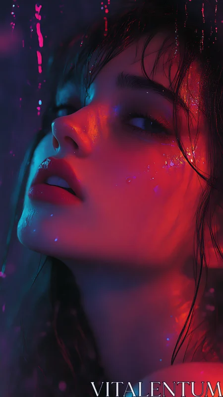 Neon drenched portrait with cinematic wet skin lighting.
