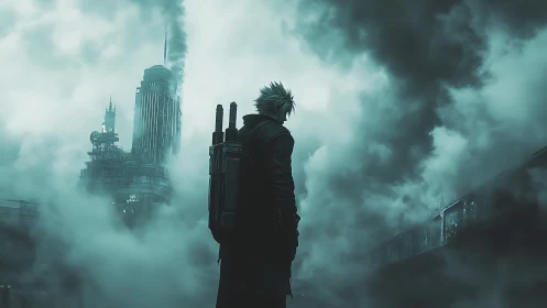 Solitary figure observes industrial complex in dense fog