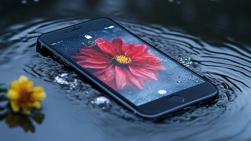 Smartphone With Red Flower Wallpaper Submerged in Water.