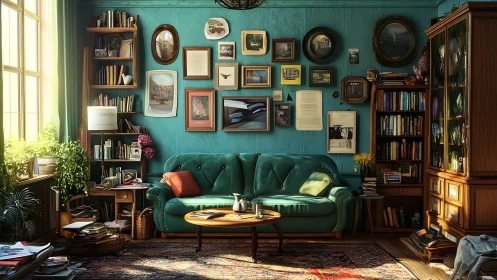 Cozy teal reading nook glows with vintage charm and light.