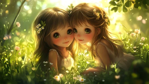 Sunlit meadow twins with starry eyes and flower crowns.