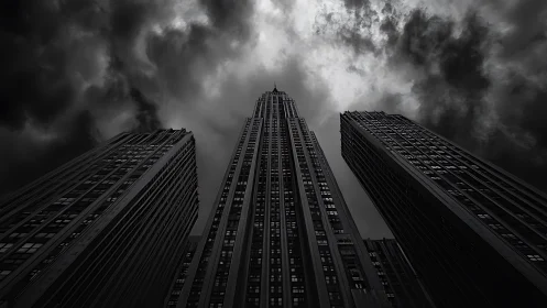 Monochrome skyscrapers under dense overcast sky at dusk.