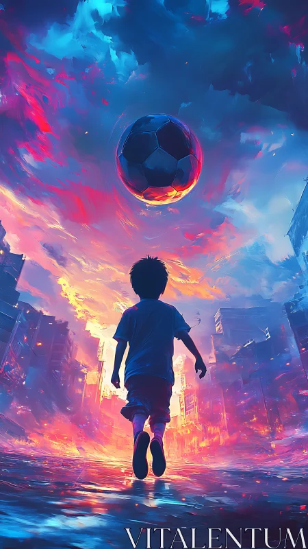 Street dreamer chasing a cosmic soccer sun through neon dusk.