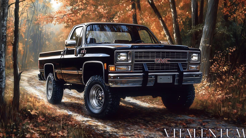 Classic GMC pickup rendered in autumn woodland digital painting