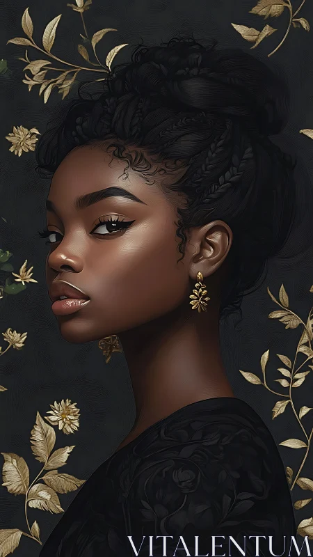 Elegant side portrait of woman with gold floral background.