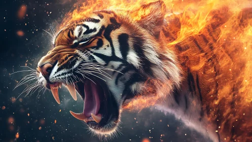 Fiery roaring tiger head erupts with sparks and blazing motion.