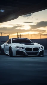 Low stance BMW coupe under overpass at evening light.