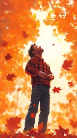 Man standing under autumn foliage viewed from low angle.