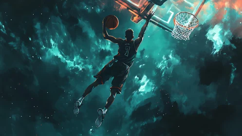 Basketball player soars toward glowing rim in cosmic court