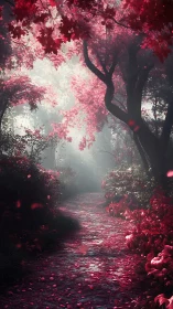 Chromatic Forest Pathway: Magenta Foliage and Architectural Luminescence.