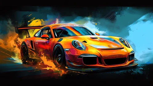 Orange race car speeds through abstract fiery backdrop