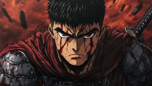 Bloodstreaked armored warrior under volcanic shrapnel sky.