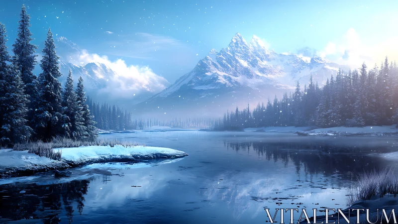 Snow-covered conifer forest by reflective mountain lake.