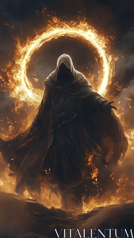 Hooded pyromancer commands a blazing celestial fire ring