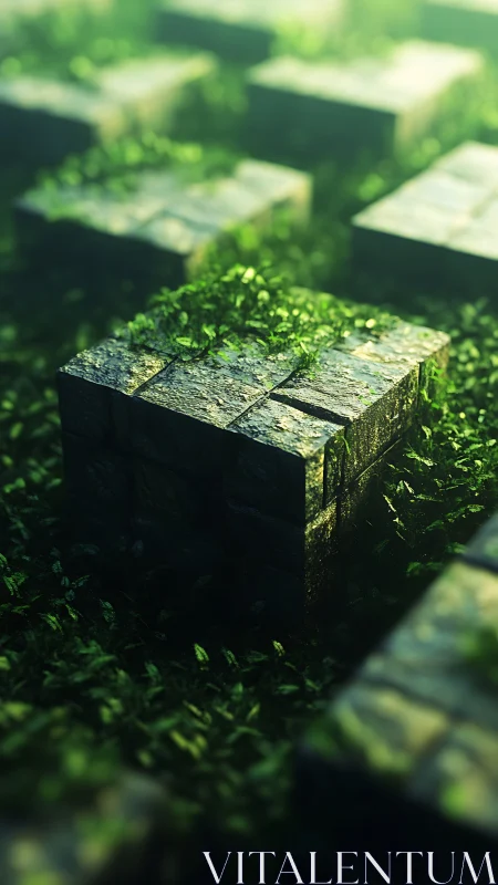 Moss covered stone blocks in soft green forest light.