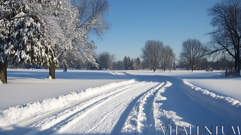 Snow-covered country road curves through winter parkland.