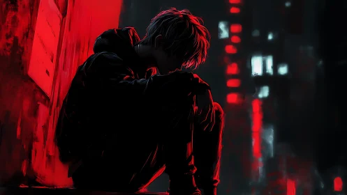 Figure sits against red wall in dark urban digital scene