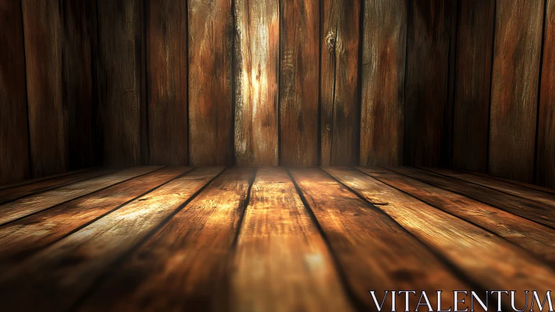 3D rustic wooden interior with converging plank perspective.