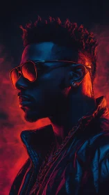 Neon-lit digital portrait of man in sunglasses profile.