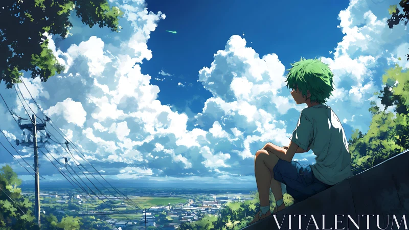 Atmospheric perspective study with seated figure and cumulus field.