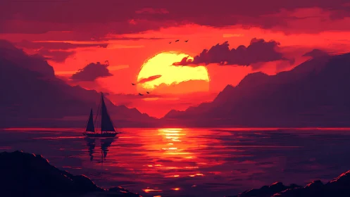 Crimson waves escort a lone sailboat toward molten sunset