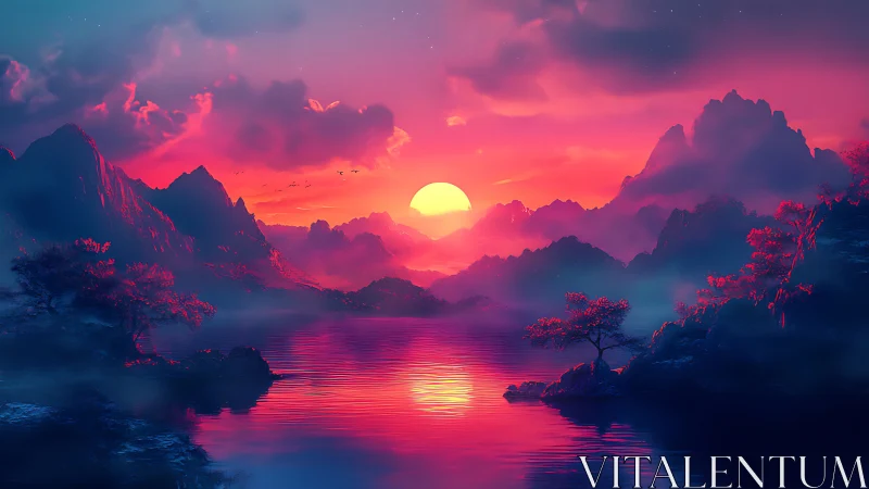 Sunset over stylized mountains and reflective lake surface.