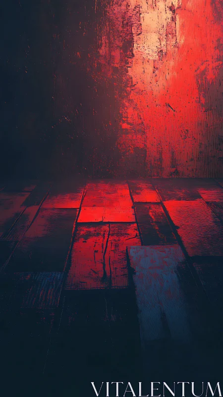 Cinematic red light grazing distressed wooden floor planes