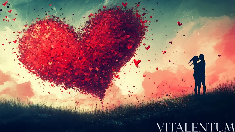 Two Hearts Reach for a Glowing Red Heart in Sky