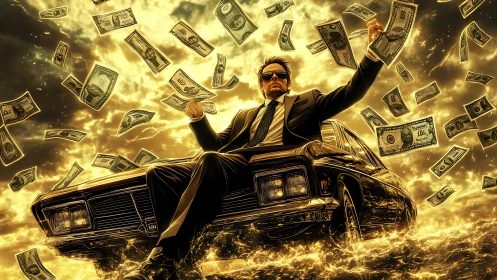 Suited man on classic sedan amid airborne cash in golden storm