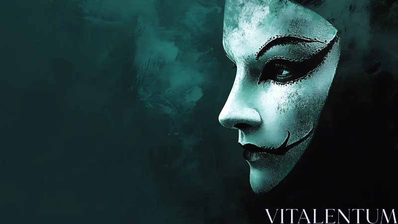 Painted theatrical mask floats against dark textured background