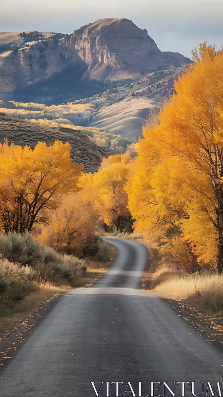 Curving asphalt road channels depth through autumn cottonwood canyon