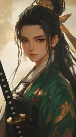 Samurai heroine in jade kimono rendered as painterly digital portrait