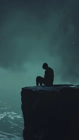 Solitary figure sits on stormlit cliff above dark sea.