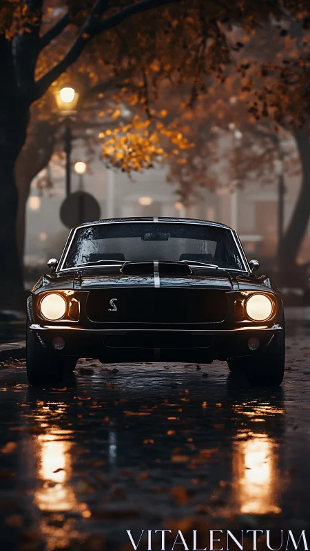 Shelby fastback front view in wet autumn street illumination.