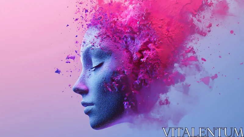 Powder-dispersing 3D head model dissolves into magenta pigment cloud