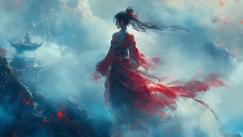Digital painting of red-clad warrior amid misty mountain temple.