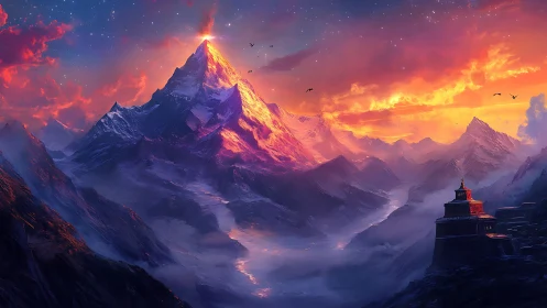 Mountain peak glows under vivid sunset sky with temple foreground