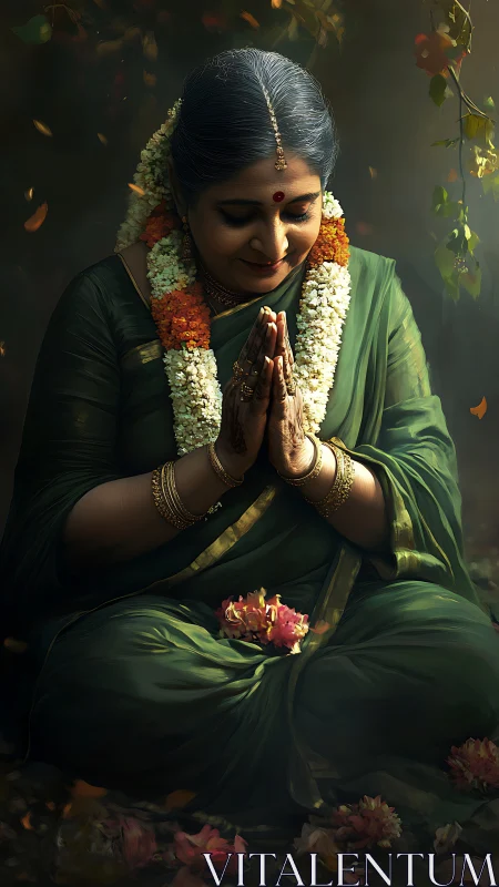 Elderly woman in green sari praying with flower garlands.