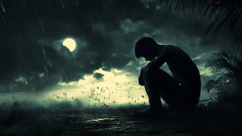Solitary figure contemplates heartbreak beneath a stormy moonlit sky
