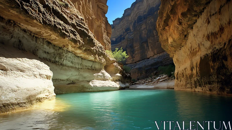 Sunlit canyon pool with calm turquoise water and glowing walls.
