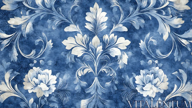 Soft blue floral scrolls with vintage wallpaper charm.