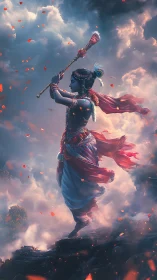 Blue-skinned figure plays vertical flute amid clouds and petals