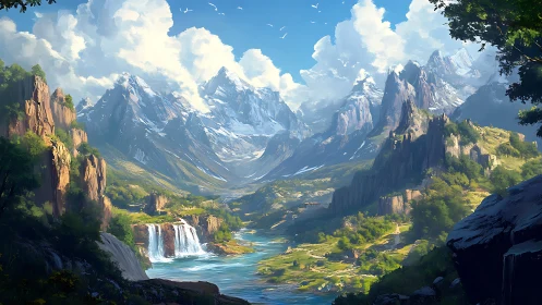 Panoramic alpine valley with glacial river, waterfalls, and stratified peaks