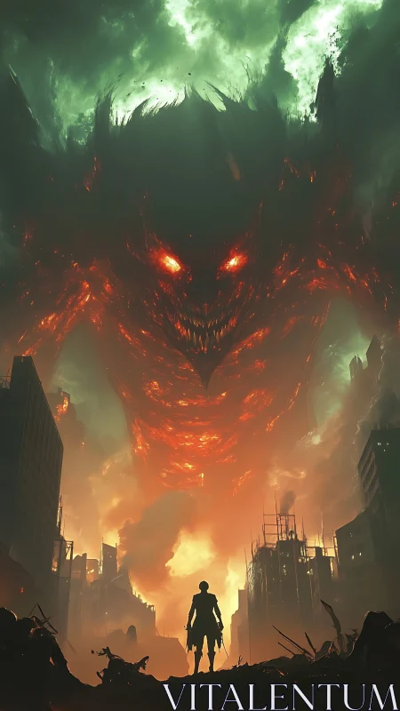 Lone hero confronting a colossal fiery sky demon above ruins.