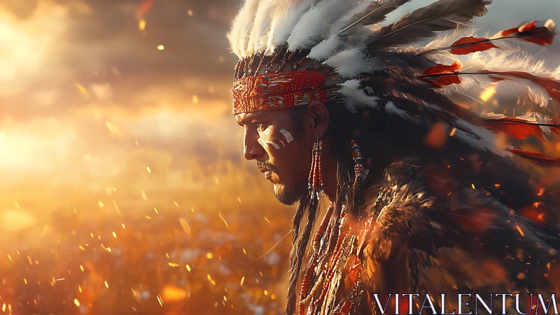 Digital painting profile of tribal leader in ember-lit dusk.