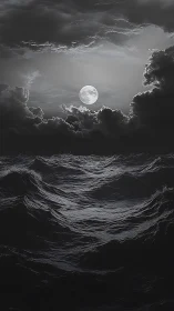 Moonlit storm sea under dramatic monochrome clouds.