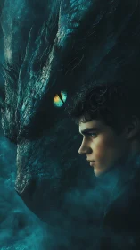 Human profile aligns with dragon visage in misted teal chiaroscuro