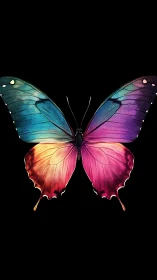 Multicolored butterfly with gradient wings on black field.