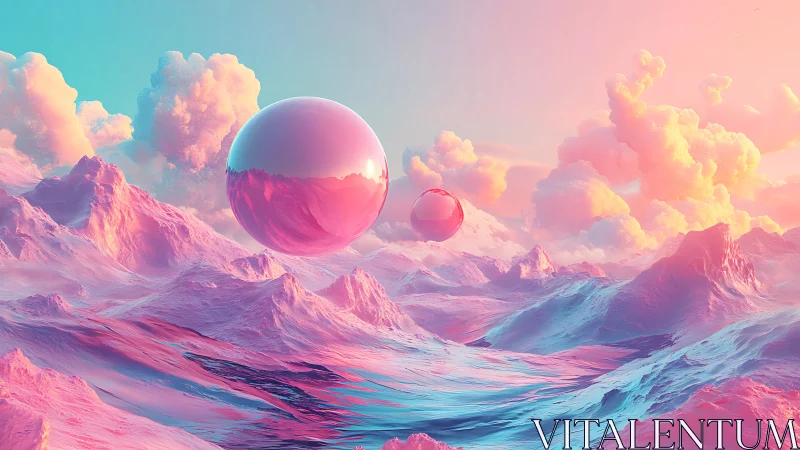 Iridescent reflective spheres hover above pastel glacial terrain